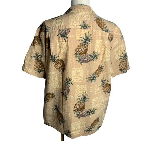 Button Up Hawaiian Camp Shirt XL Tan Pineapples Polynesian Short Sleeve Pocket - Picture 4 of 5